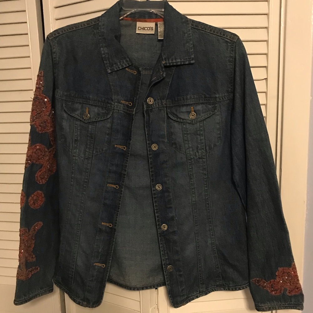 Chico’s Denim Jacket, Size 0, Very Nice Jacket, Little Wear, embossed sleeves.